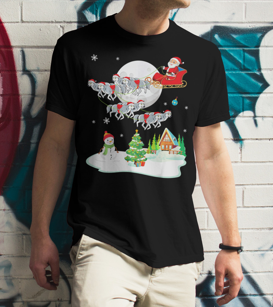 Santa Claus Sleigh Riding Over Snowman And Christmas Scene With Wolves T-Shirt