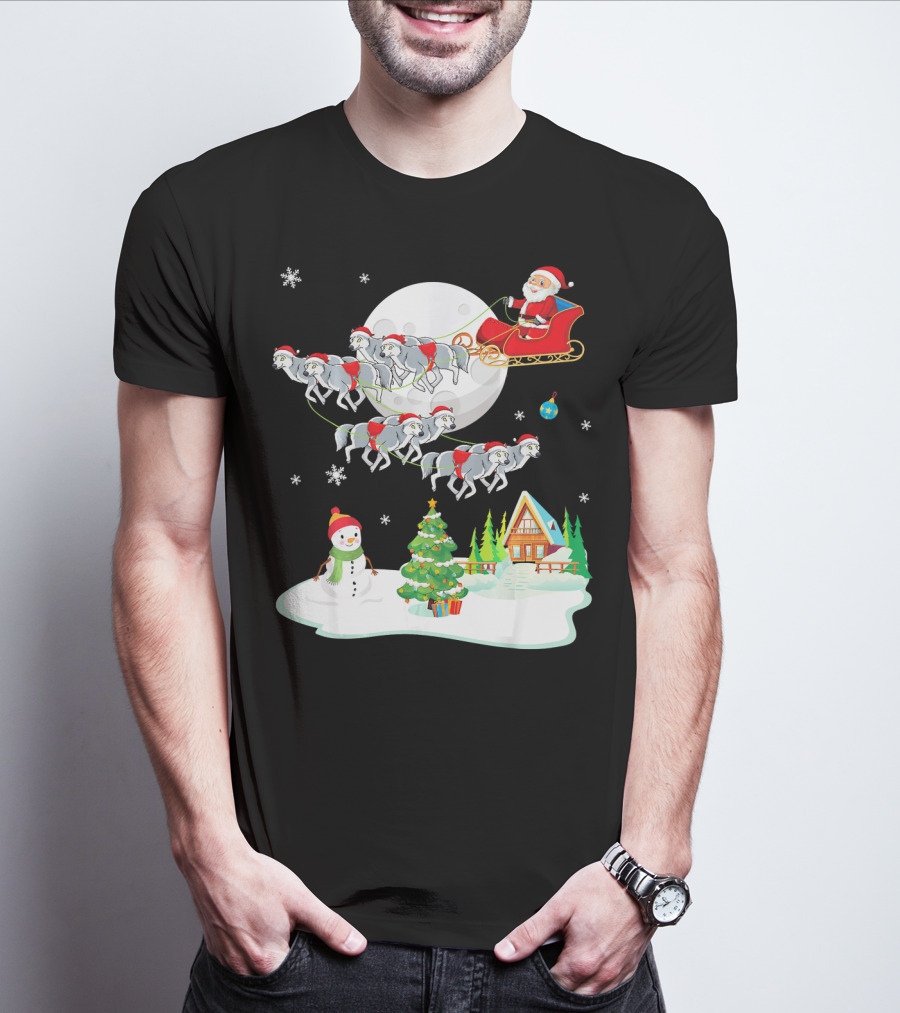 Santa Claus Sleigh Riding Over Snowman And Christmas Scene With Wolves T-Shirt