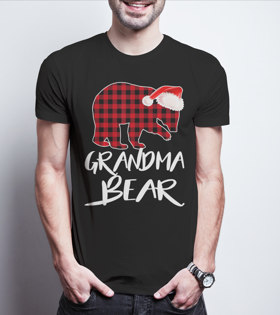 Grandma Bear Red Plaid Santa Hat T-Shirt