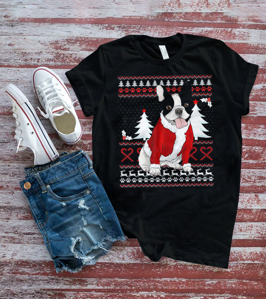 Cute French Bulldog Christmas Sweater With Santa Outfit And Holiday Trees T-Shirt
