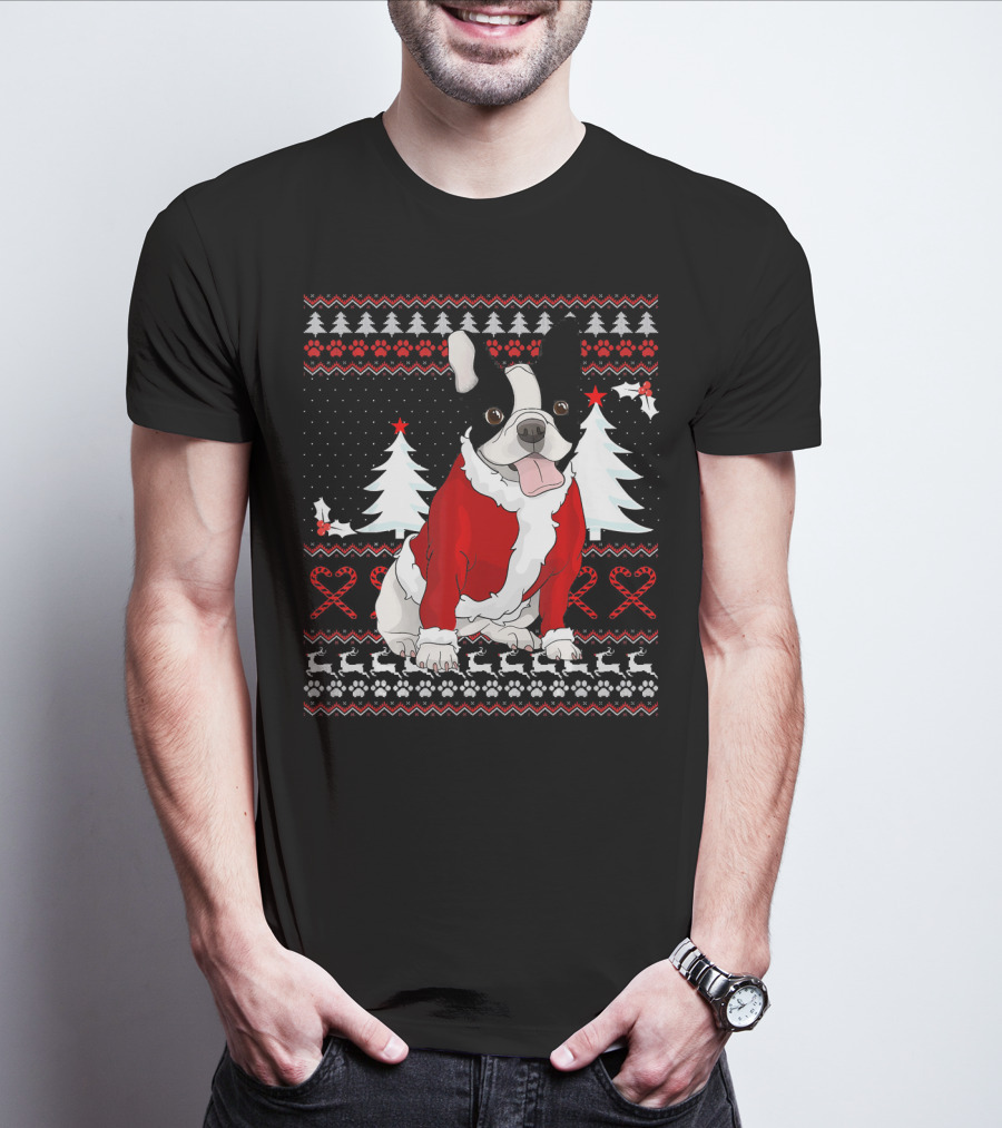 Cute French Bulldog Christmas Sweater With Santa Outfit And Holiday Trees T-Shirt