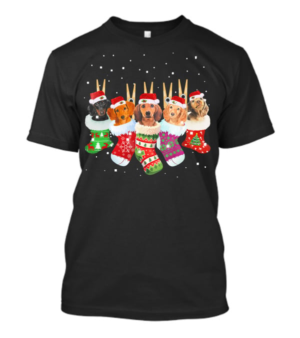 Christmas Socks Dachshund Santa Hats Snowflakes T-Shirt