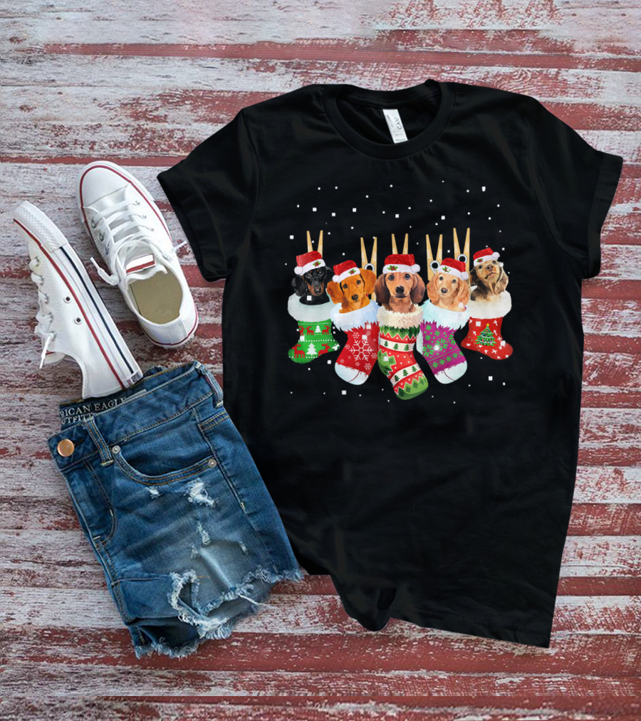 Christmas Socks Dachshund Santa Hats Snowflakes T-Shirt