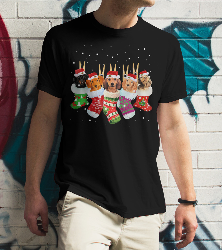 Christmas Socks Dachshund Santa Hats Snowflakes T-Shirt