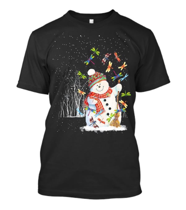 Merry Christmas Dragonfly Snowman In Winter Scene T-Shirt
