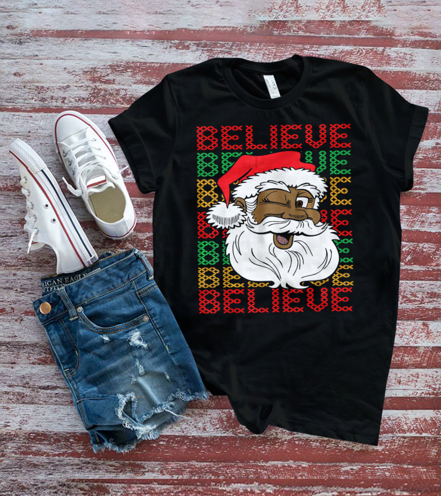 Believe Santa Fun Black Africa Christmas T-Shirt