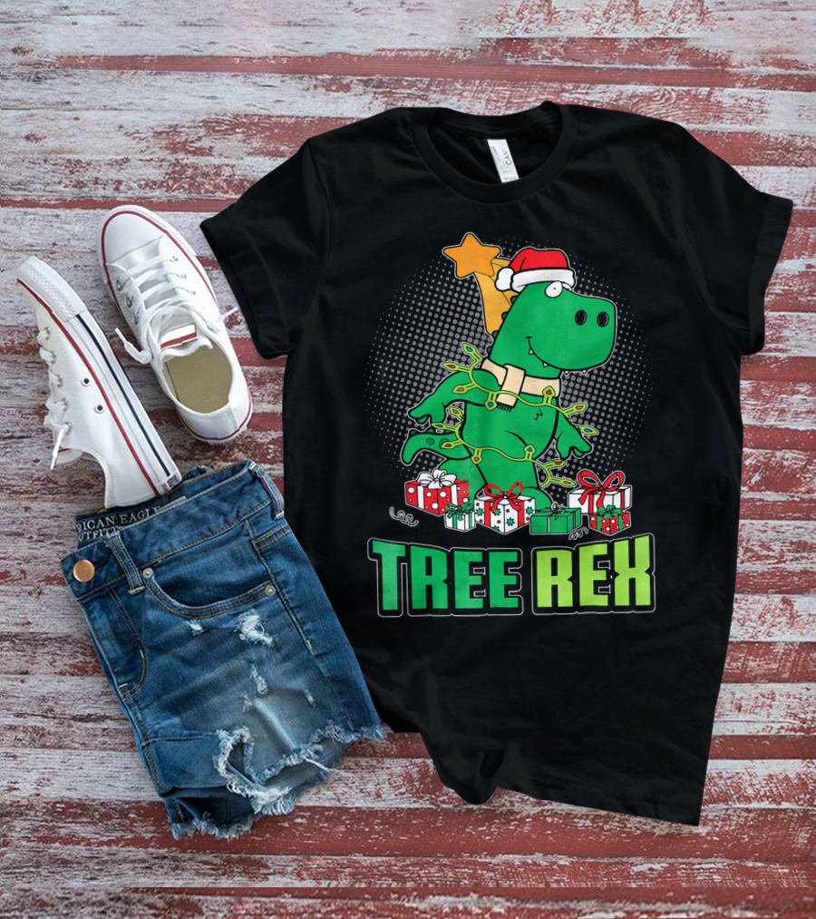 Tree Rex Funny Cute Christmas Dinosaur With Santa Hat And Gifts T-Shirt