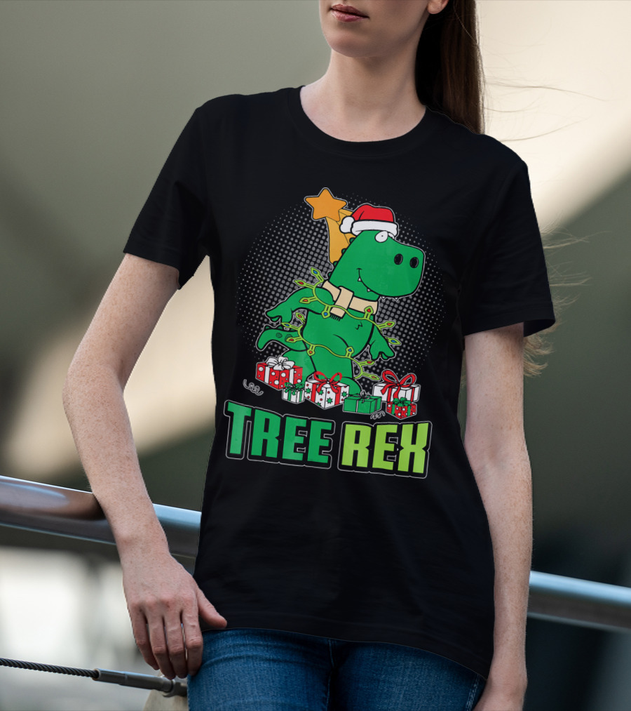 Tree Rex Funny Cute Christmas Dinosaur With Santa Hat And Gifts T-Shirt