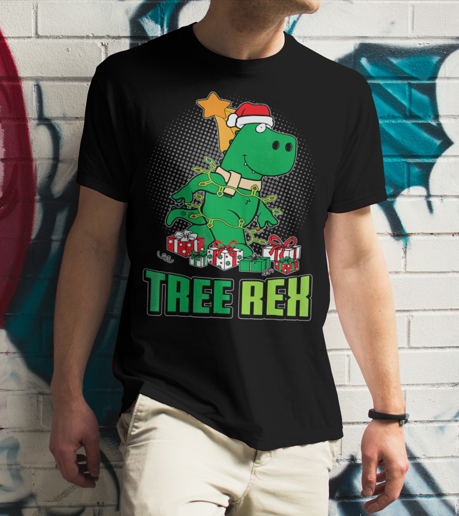 Tree Rex Funny Cute Christmas Dinosaur With Santa Hat And Gifts T-Shirt
