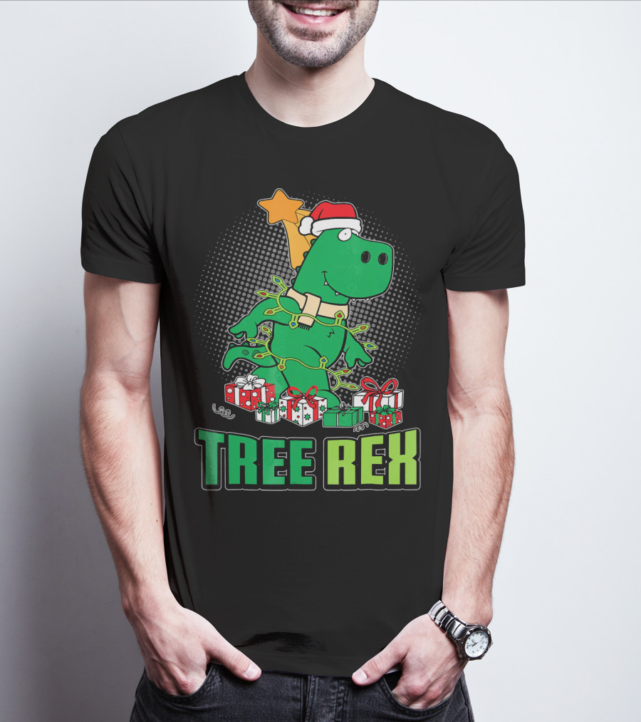 Tree Rex Funny Cute Christmas Dinosaur With Santa Hat And Gifts T-Shirt