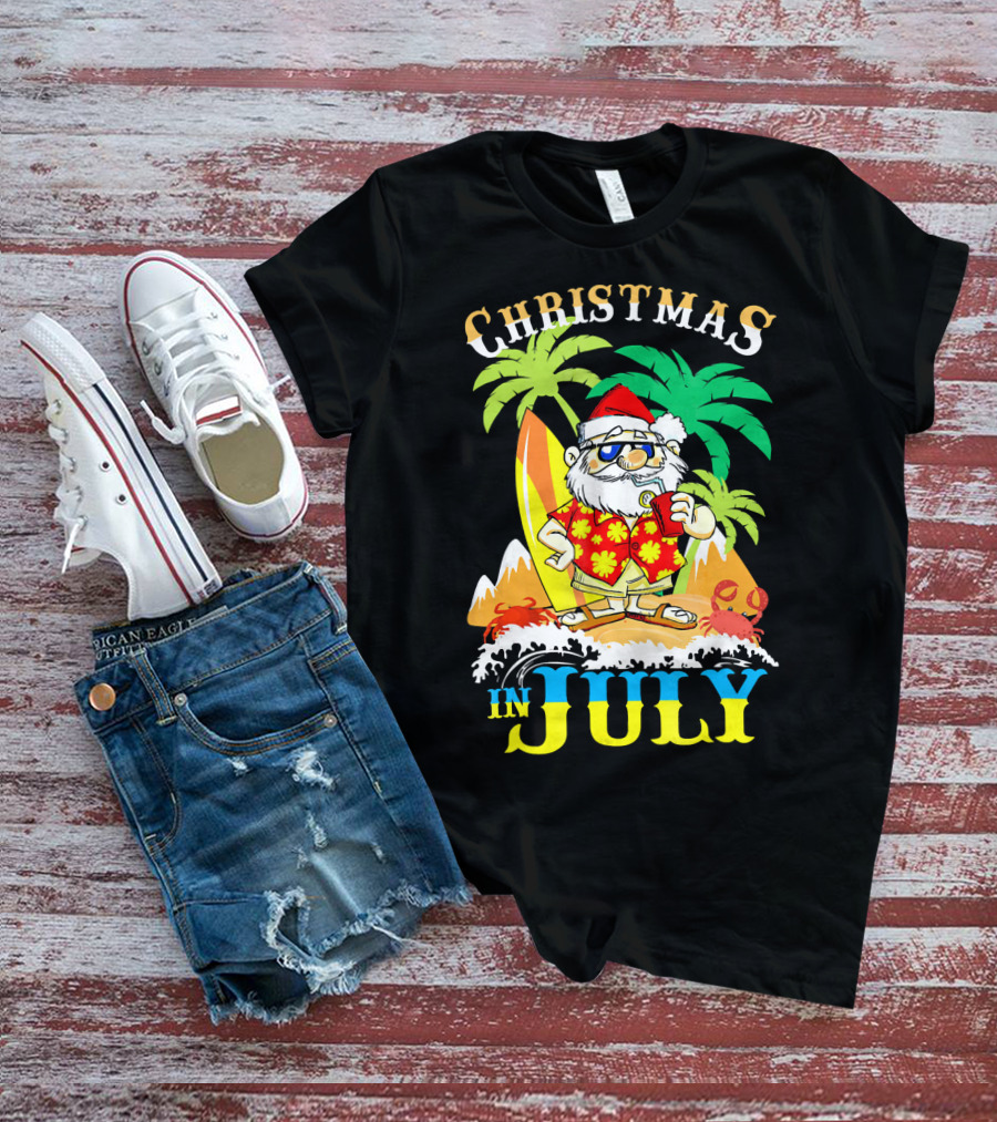 Christmas In July Santa Tropical Surf Vibes T-Shirt