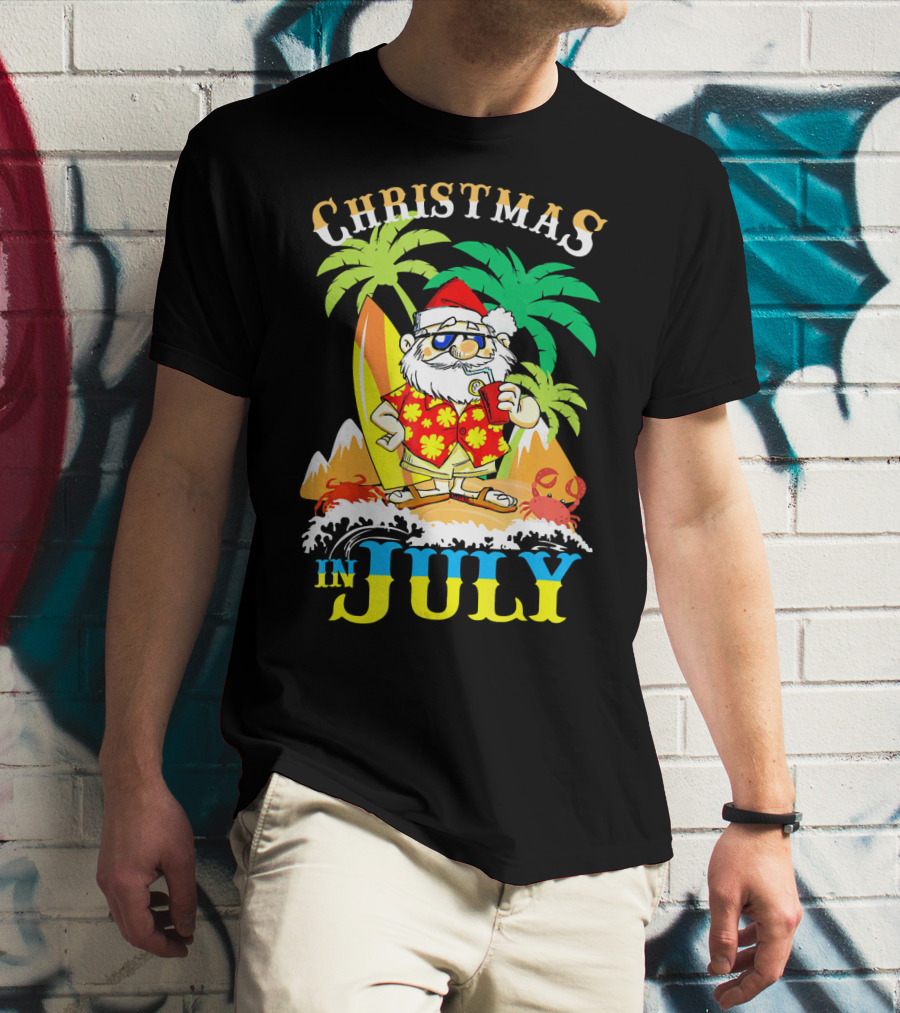 Christmas In July Santa Tropical Surf Vibes T-Shirt
