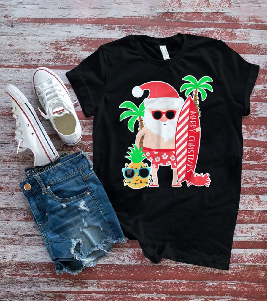 Merry Christmas Santa Surfing Hawaiian Pineapple Palm Trees T-Shirt
