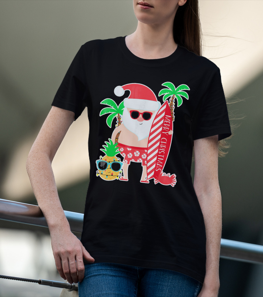 Merry Christmas Santa Surfing Hawaiian Pineapple Palm Trees T-Shirt