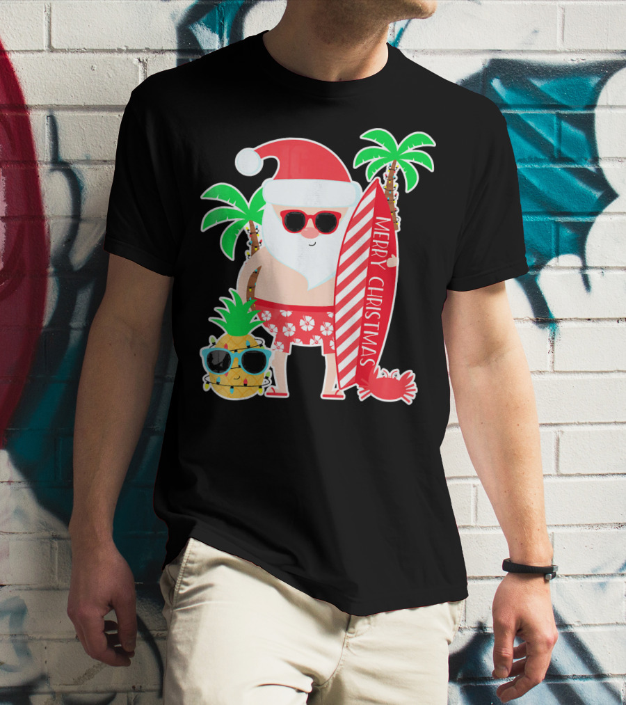 Merry Christmas Santa Surfing Hawaiian Pineapple Palm Trees T-Shirt