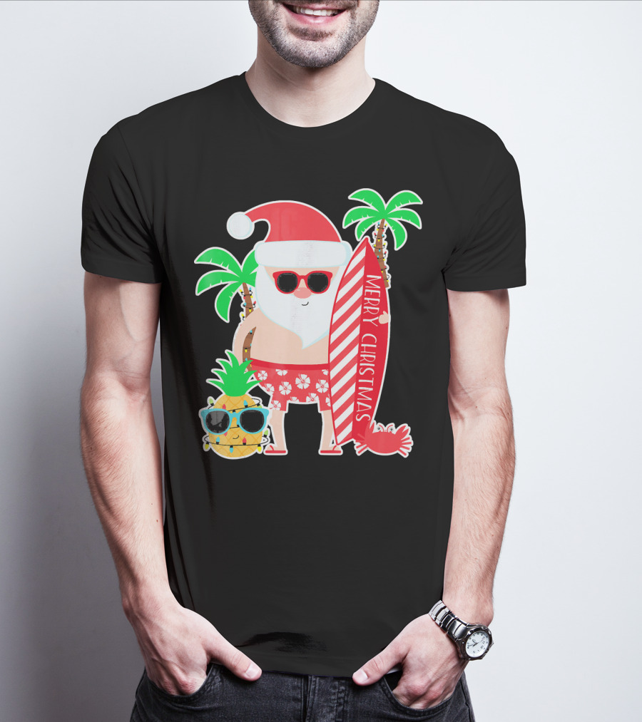 Merry Christmas Santa Surfing Hawaiian Pineapple Palm Trees T-Shirt