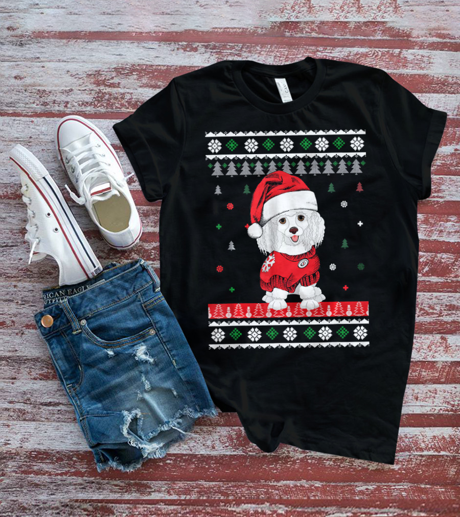 Cute Dog Standard Poodle Santa Hat Christmas Sweater Trees Snowflakes T-Shirt