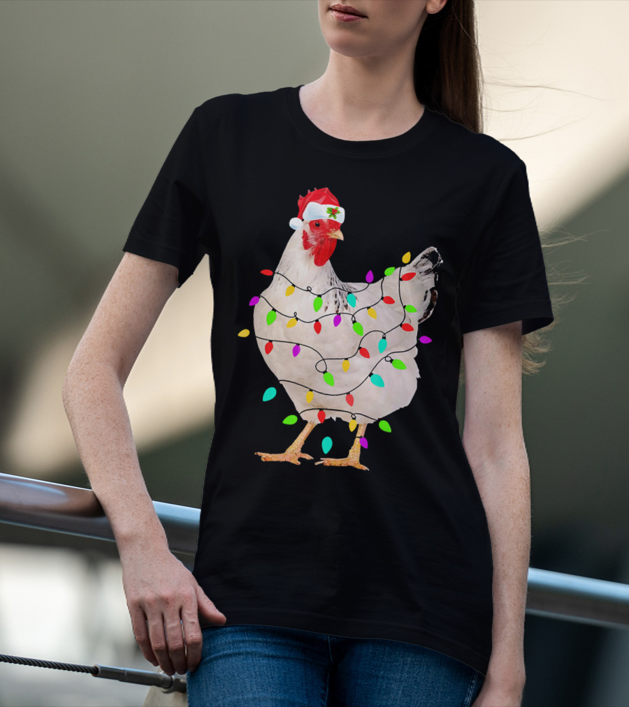 Chicken Christmas Light Funny Chicken Santa Hat Festive Holiday Decor T-Shirt