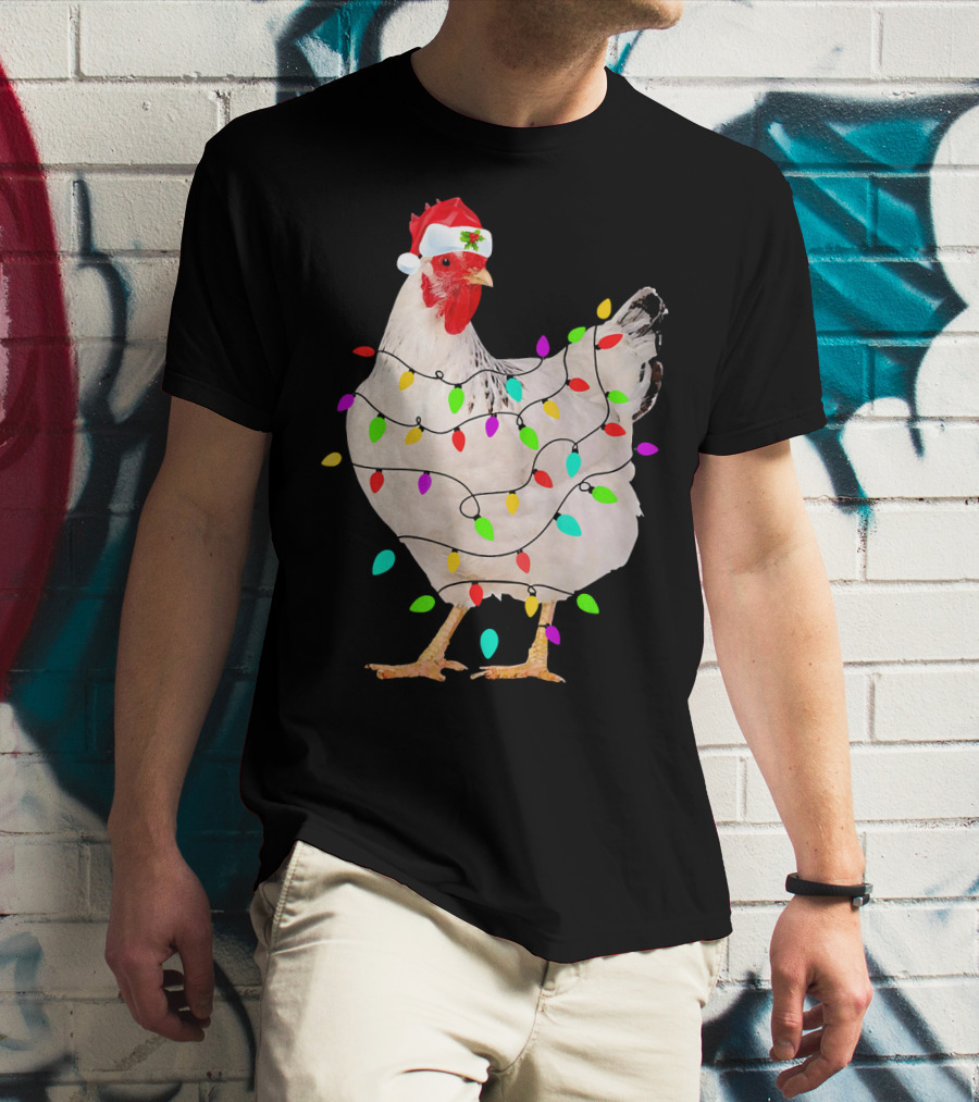 Chicken Christmas Light Funny Chicken Santa Hat Festive Holiday Decor T-Shirt