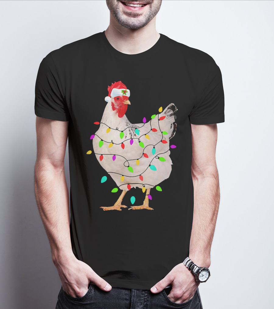 Chicken Christmas Light Funny Chicken Santa Hat Festive Holiday Decor T-Shirt