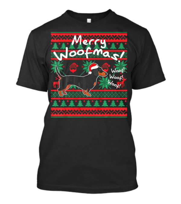Merry Woofmas Dachshund Dog With Santa Hat Woof Woof Woof Christmas T-Shirt