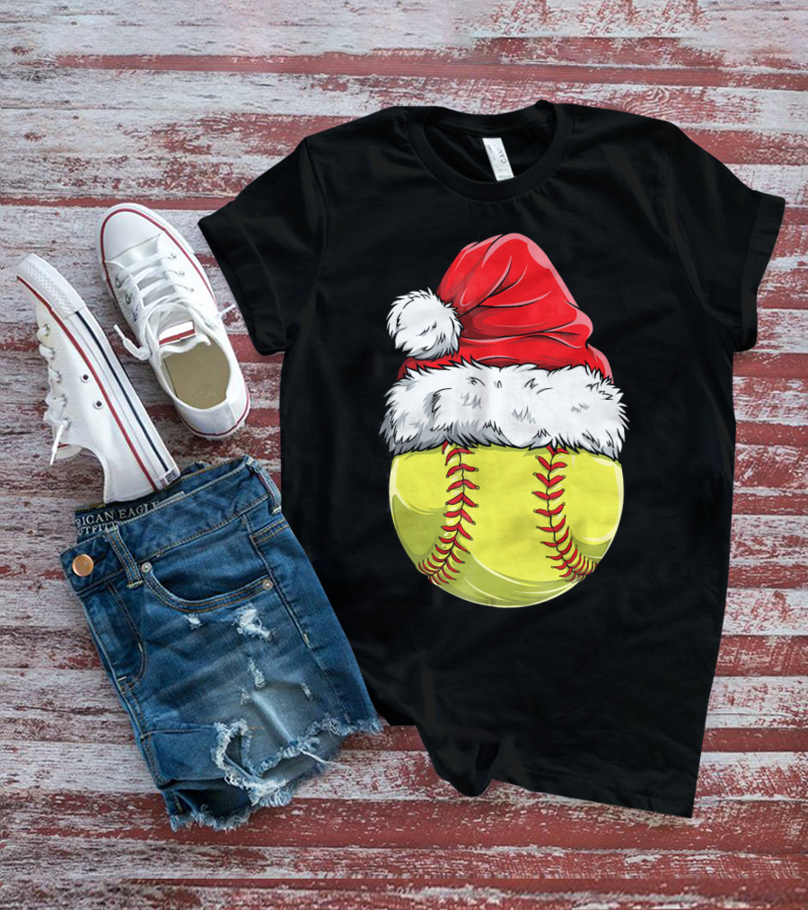 Santa Hat Softball Christmas T-Shirt