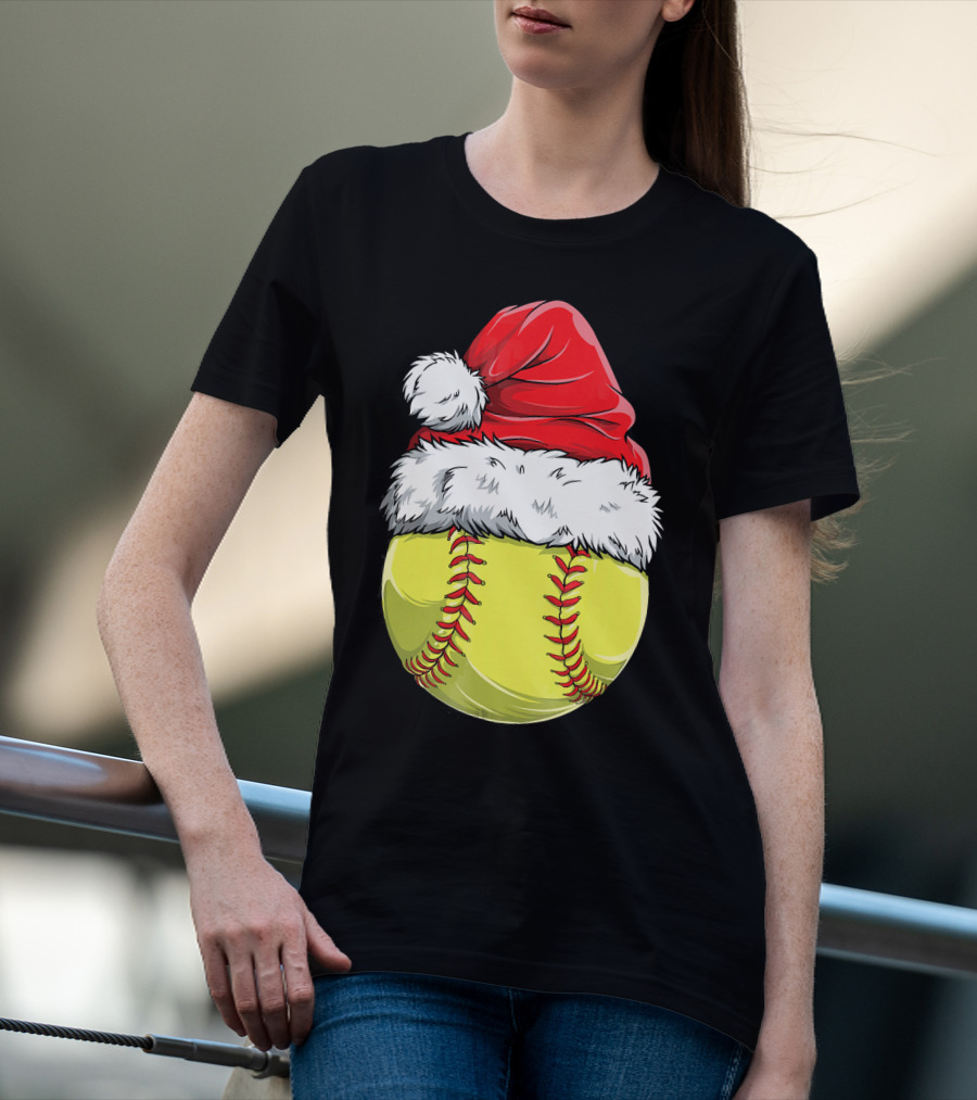 Santa Hat Softball Christmas T-Shirt