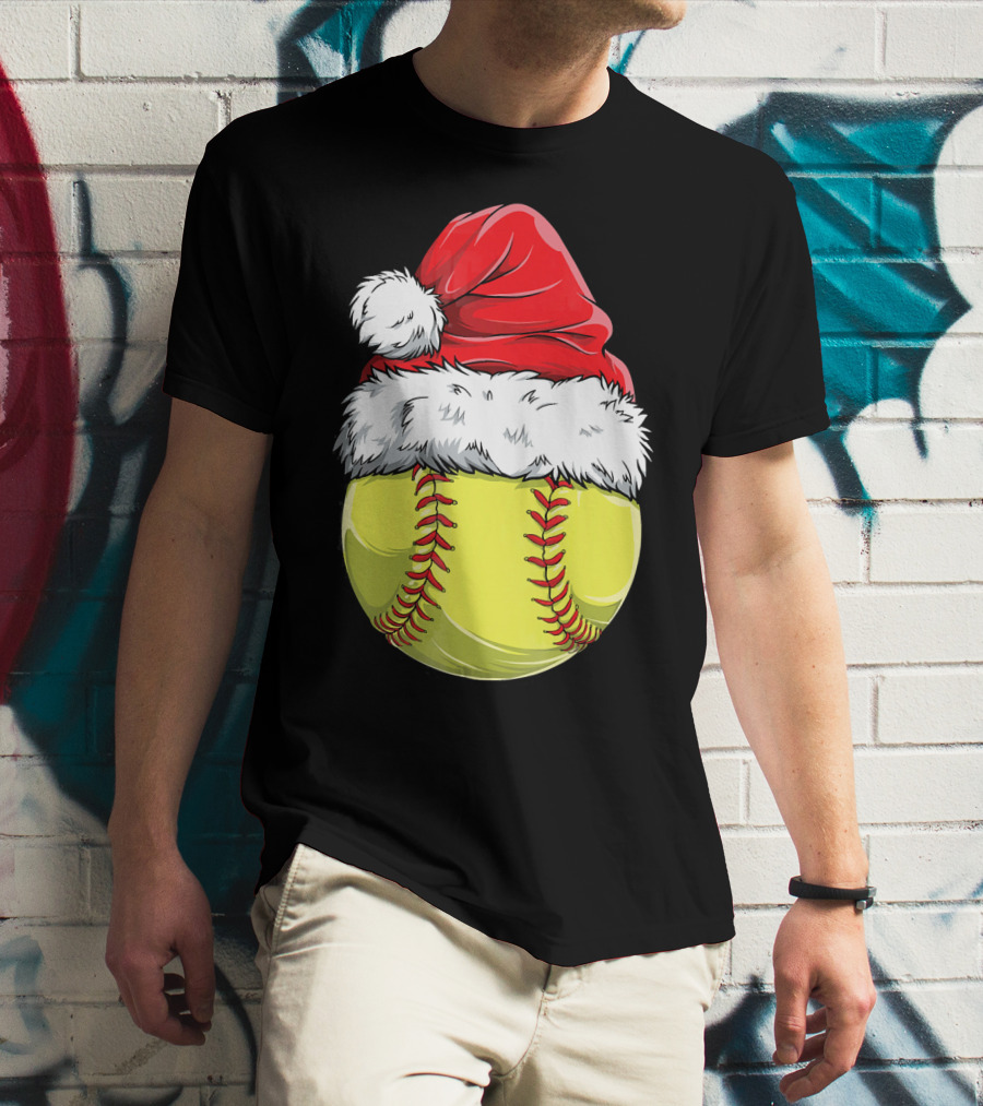 Santa Hat Softball Christmas T-Shirt