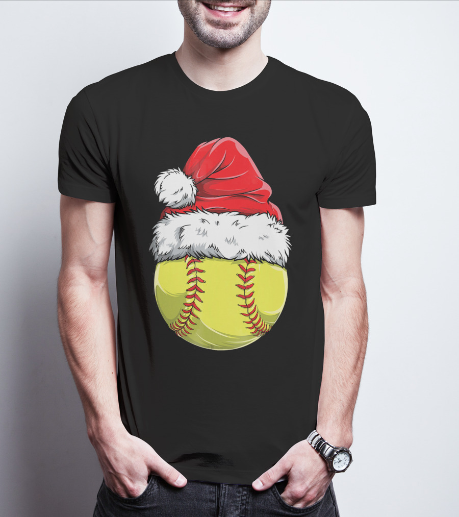 Santa Hat Softball Christmas T-Shirt
