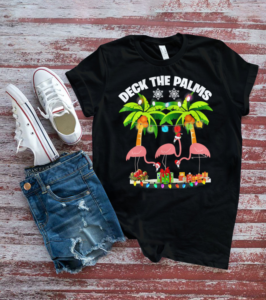 Deck The Palms Flamingo Christmas Lights And Gifts T-Shirt