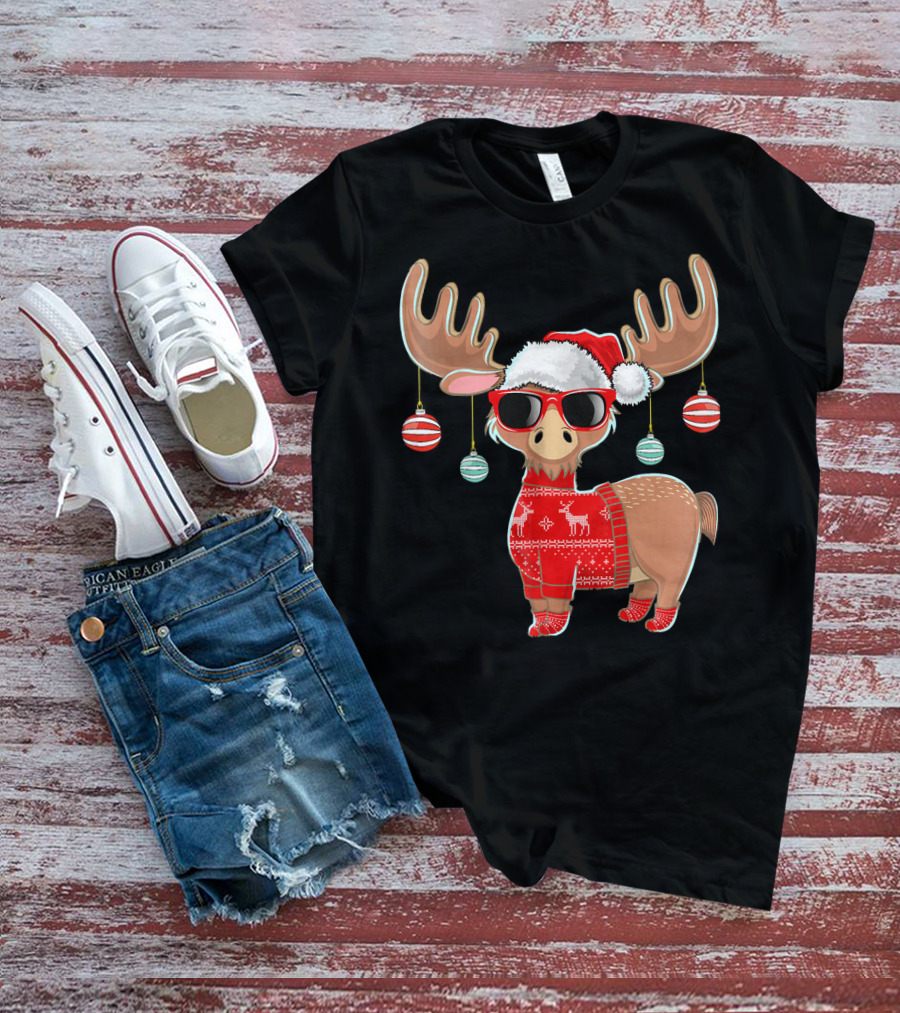 Ugly Christmas Moose Chris With Sweater And Ornaments T-Shirt