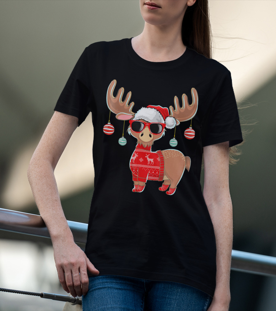 Ugly Christmas Moose Chris With Sweater And Ornaments T-Shirt