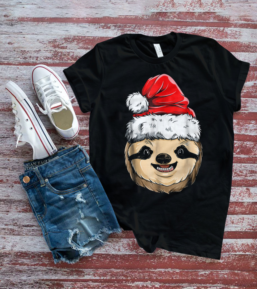 Sloth Santa Christmas Hat Cheerful Face T-Shirt