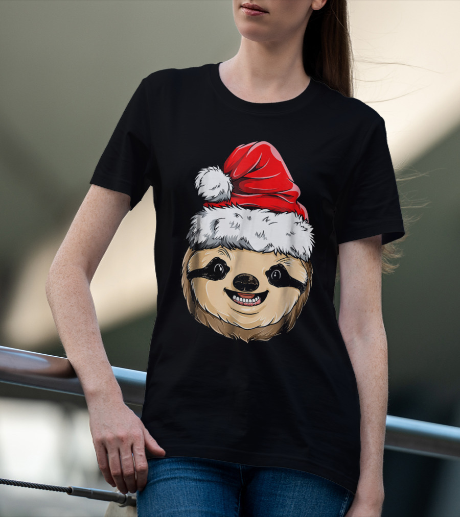 Sloth Santa Christmas Hat Cheerful Face T-Shirt