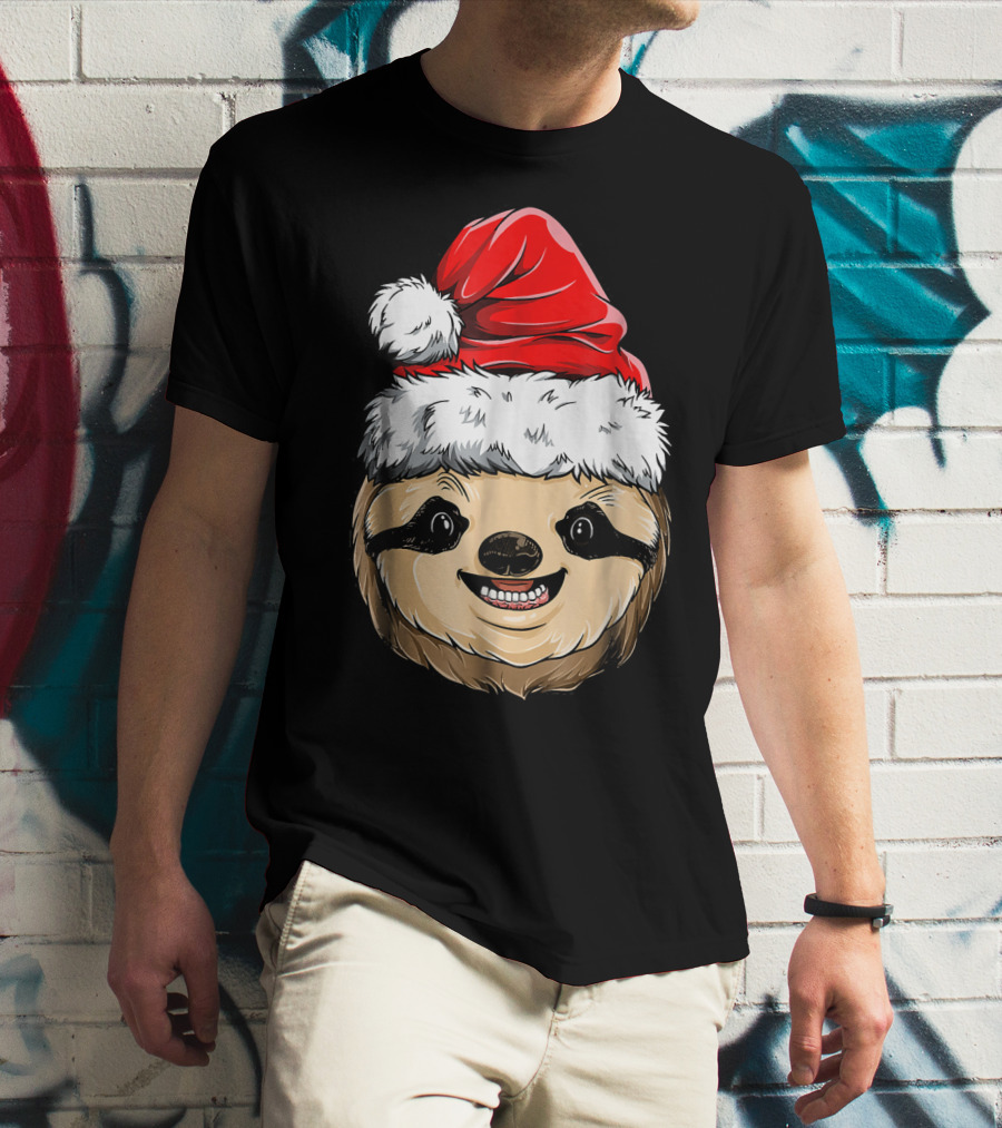 Sloth Santa Christmas Hat Cheerful Face T-Shirt