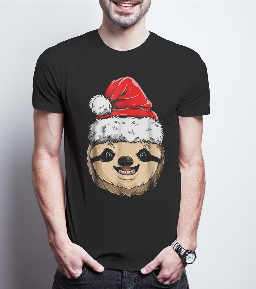 Sloth Santa Christmas Hat Cheerful Face T-Shirt