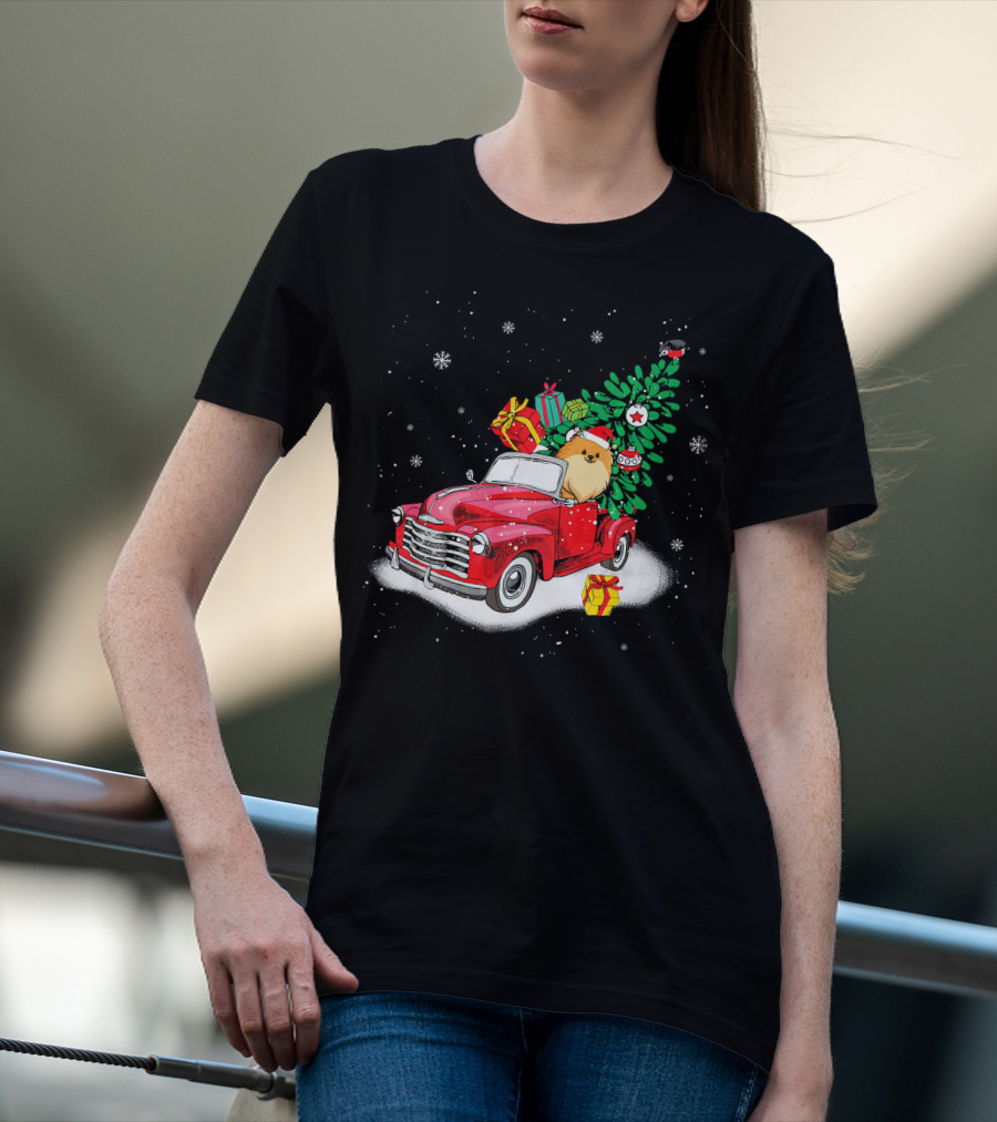 Pomeranian With Christmas Tree And Gifts In Red Truck Snow Scene T-Shirt