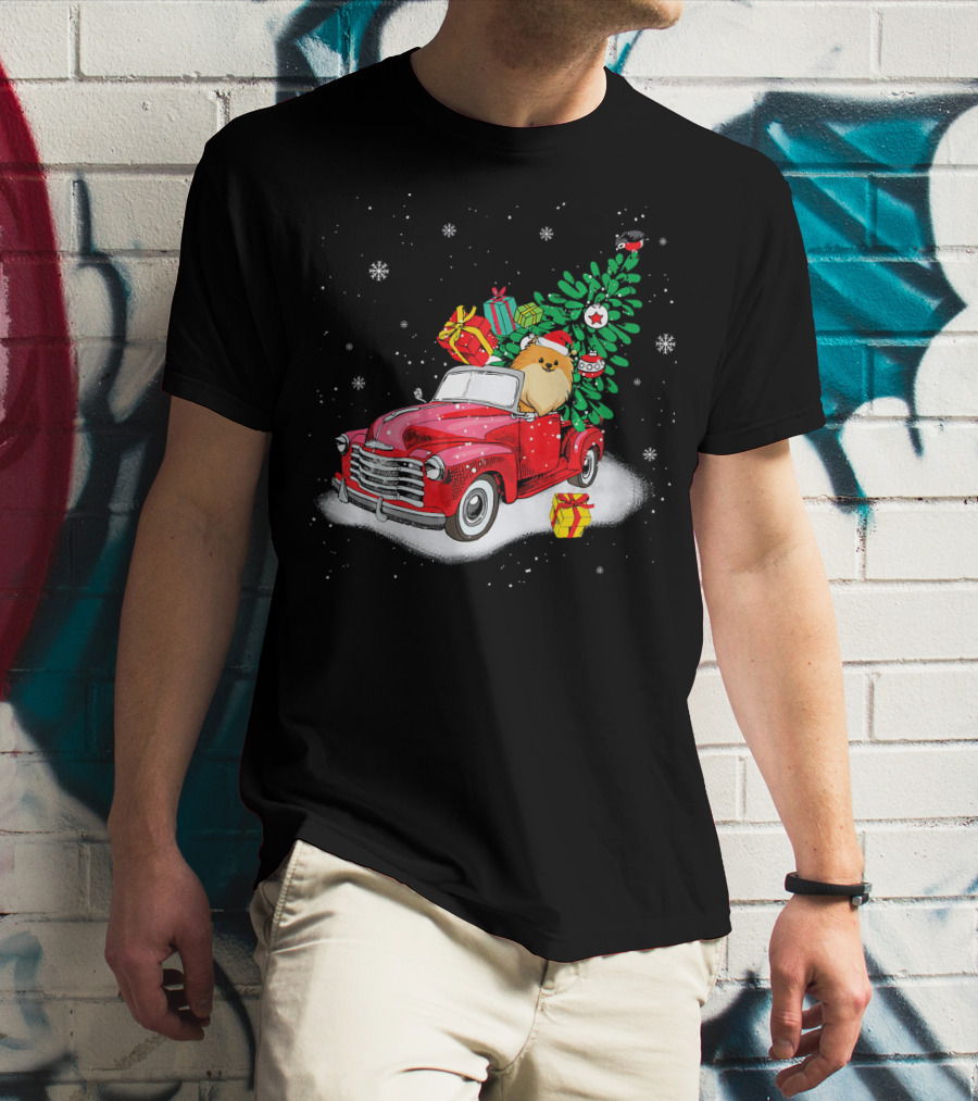 Pomeranian With Christmas Tree And Gifts In Red Truck Snow Scene T-Shirt