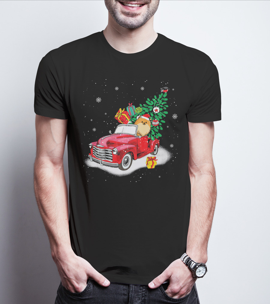 Pomeranian With Christmas Tree And Gifts In Red Truck Snow Scene T-Shirt