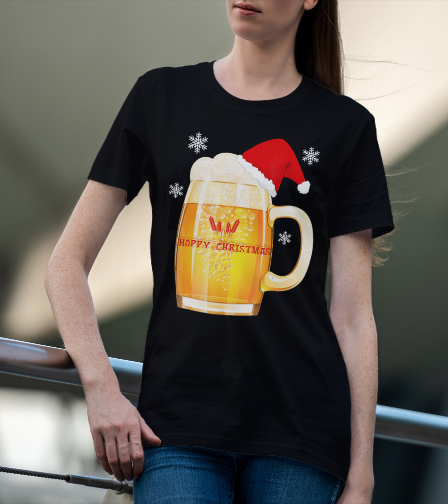 Hoppy Christmas Beer Santa Mug With Snowflakes T-Shirt