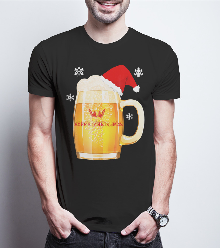 Hoppy Christmas Beer Santa Mug With Snowflakes T-Shirt