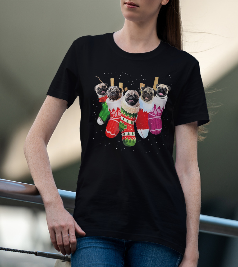 Pug Heads In Colorful Christmas Stockings With Snowflakes T-Shirt