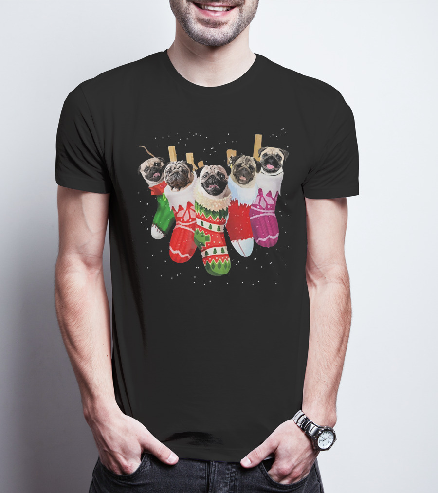 Pug Heads In Colorful Christmas Stockings With Snowflakes T-Shirt