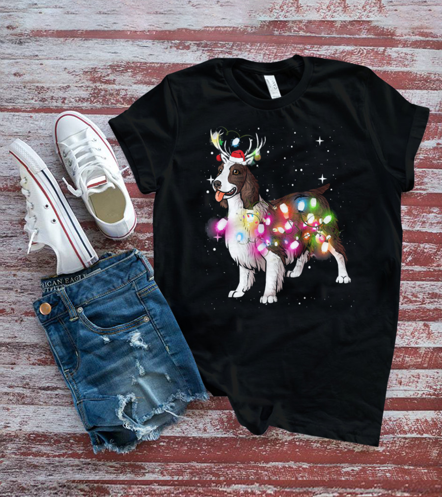 Christmas Lights English Springer Spaniel With Reindeer Antlers And Santa Hat T-Shirt