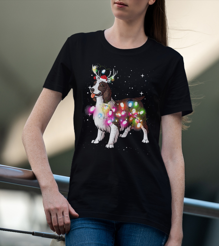 Christmas Lights English Springer Spaniel With Reindeer Antlers And Santa Hat T-Shirt