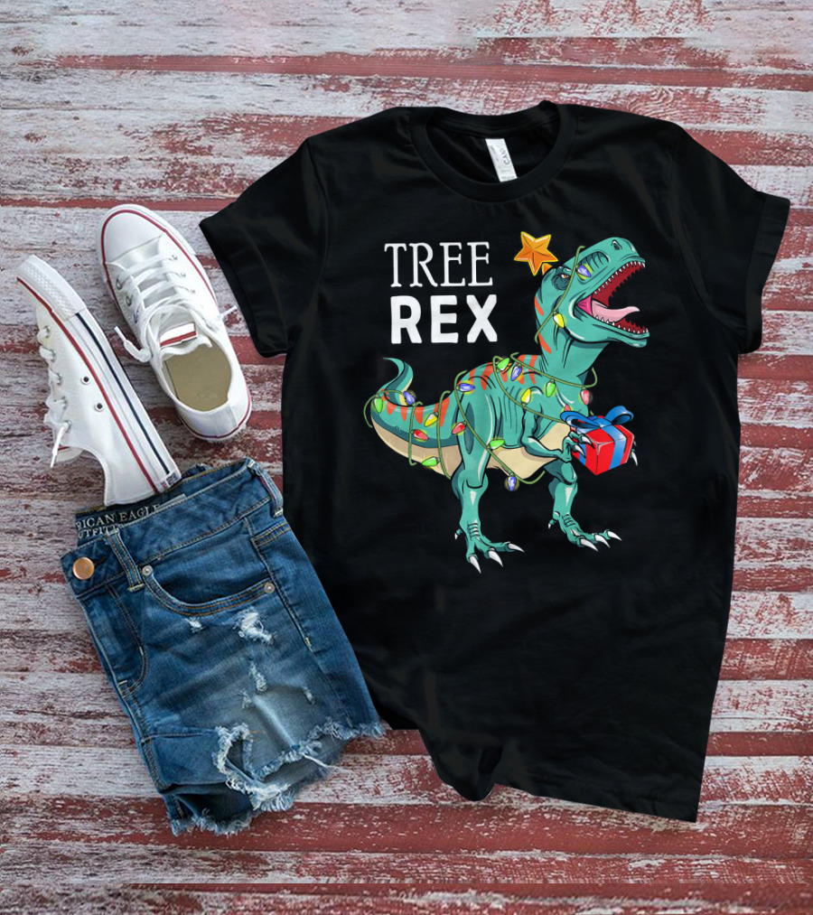 Tree Rex Dinosaur With Christmas Lights And Gift T-Shirt