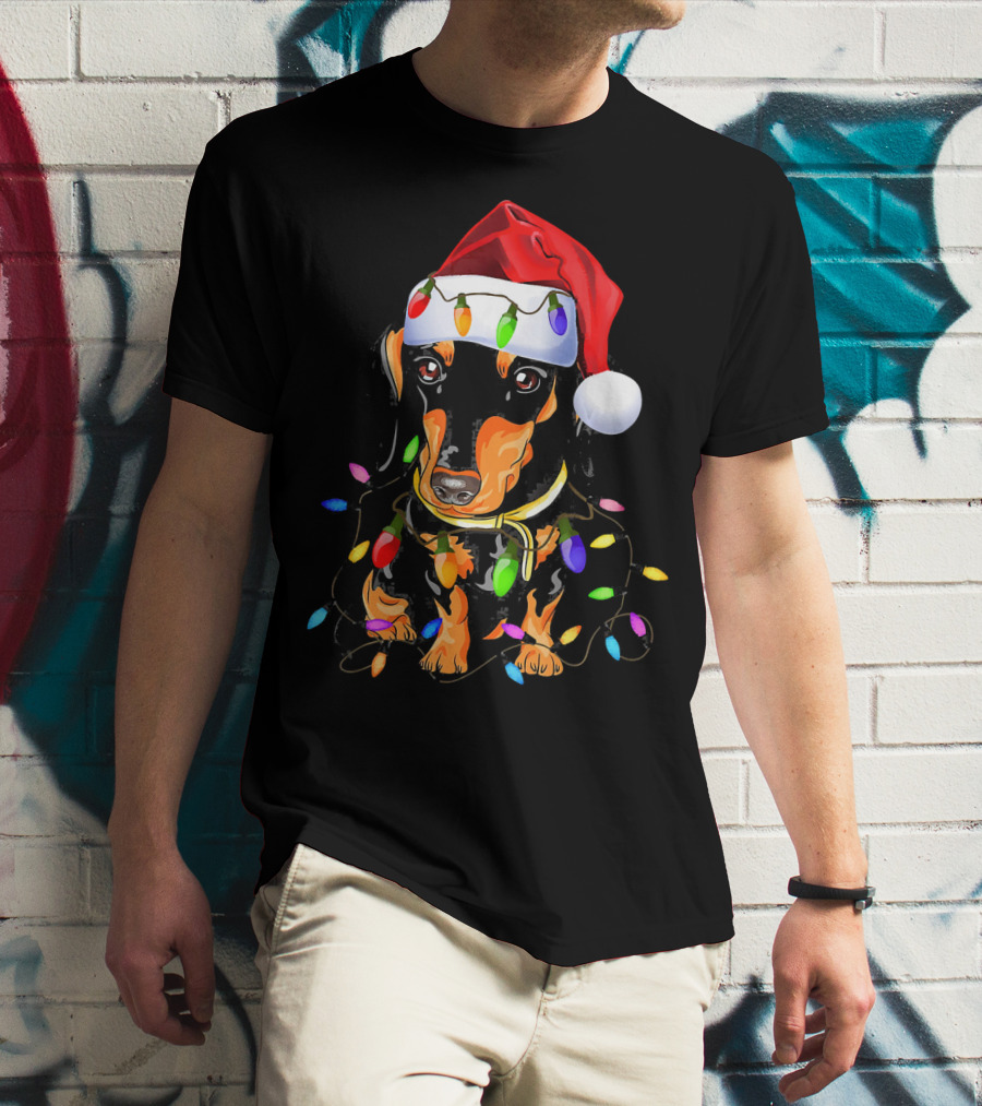 Dachshund Christmas Loves LED Lights Santa Hat T-Shirt