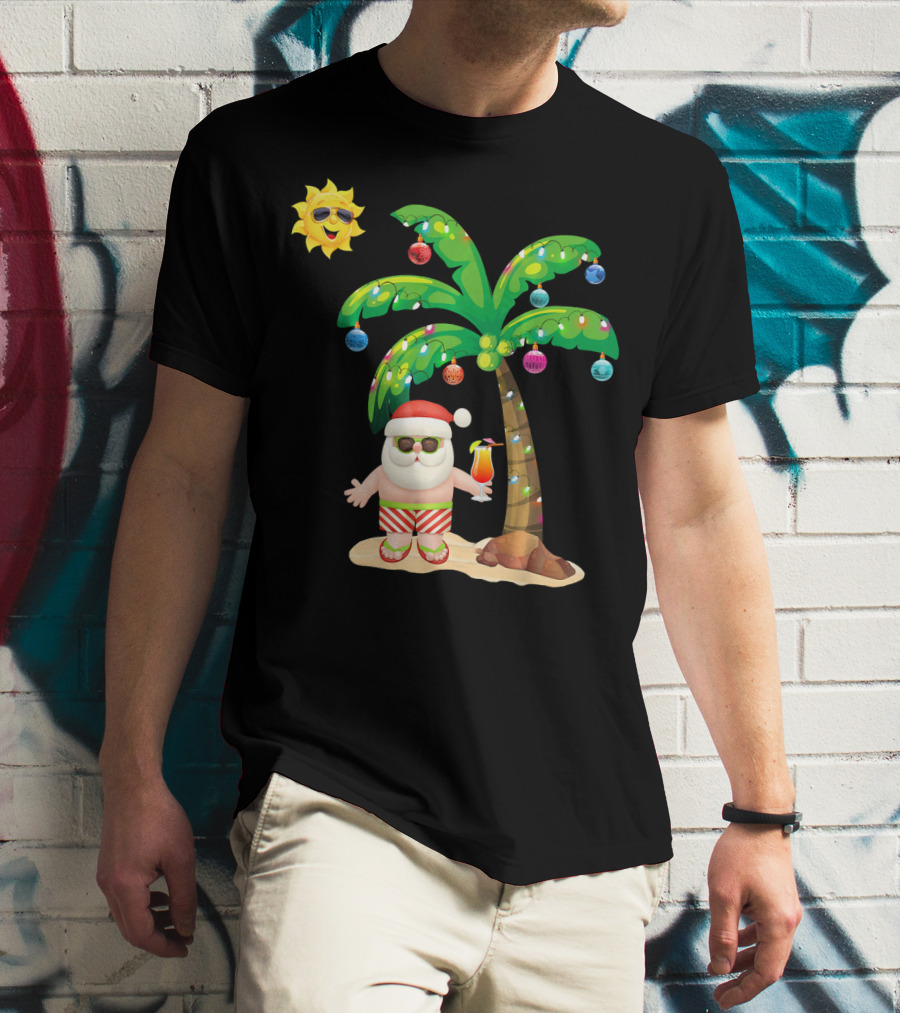 July Christmas Palm Tree Santa With Sunglasses And Cocktail T-Shirt