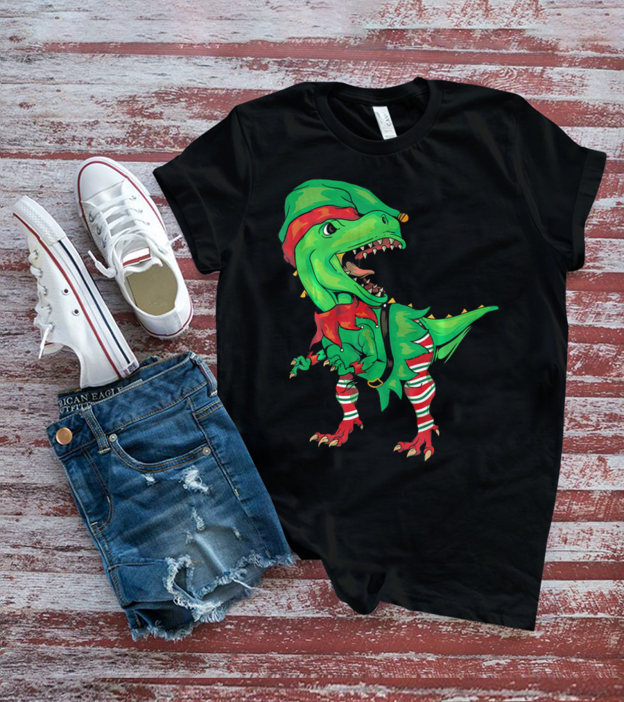 Christmas Dinosaur In Elf Costume T-Shirt