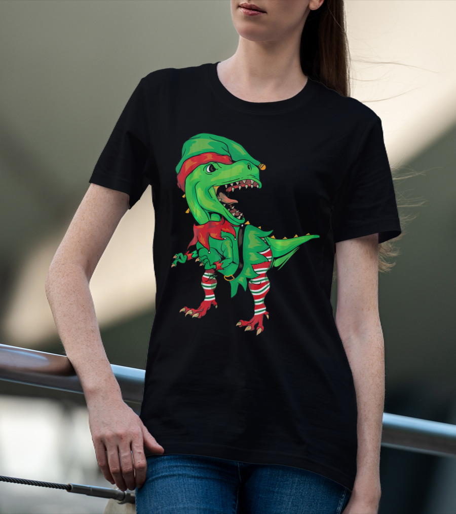 Christmas Dinosaur In Elf Costume T-Shirt